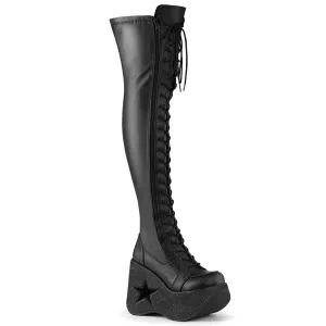 Demonia DYNAMITE-300 | Blk Stretch V. Leather Above Knee Boots