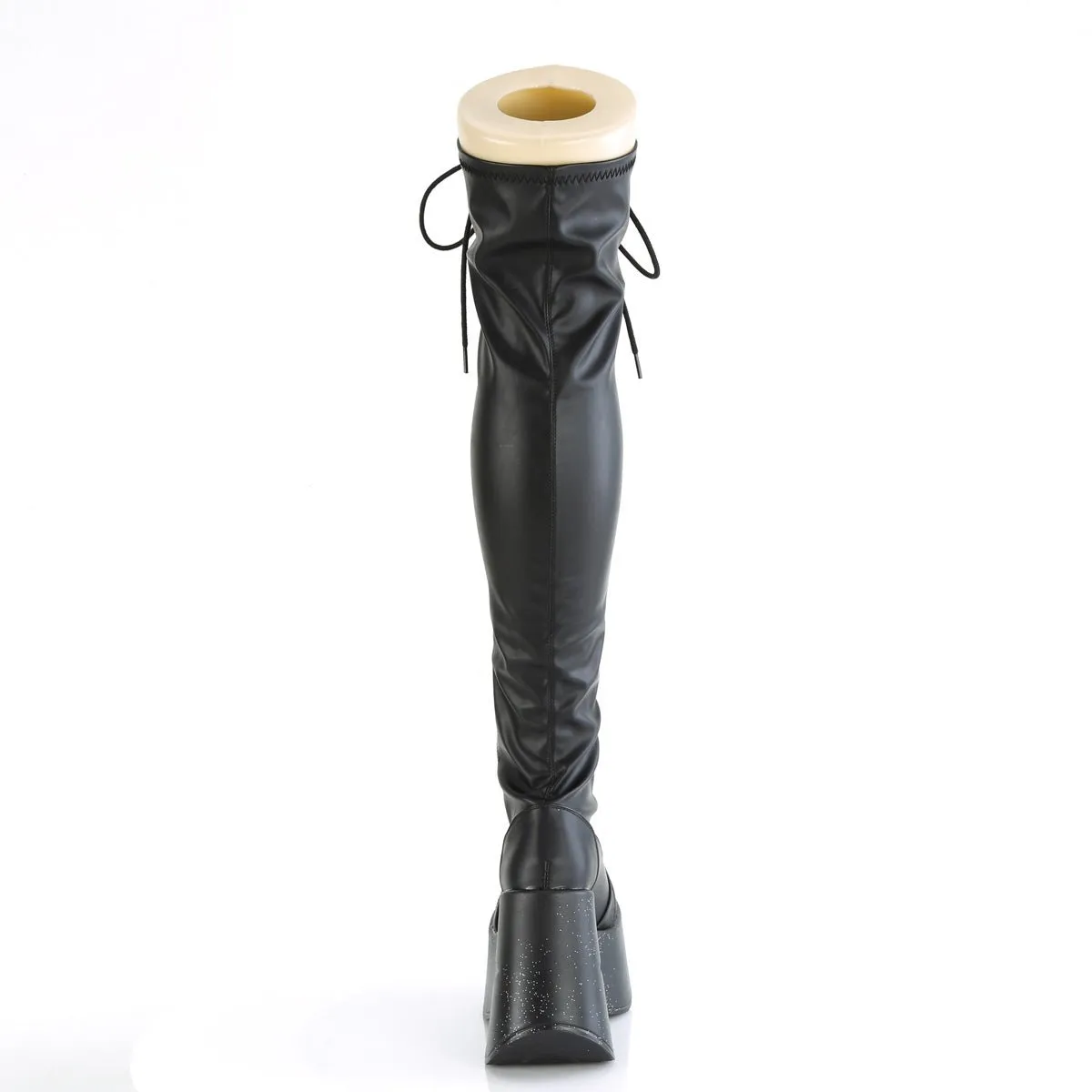 Demonia DYNAMITE-300 | Blk Stretch V. Leather Above Knee Boots