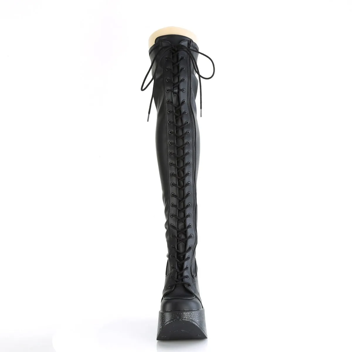 Demonia DYNAMITE-300 | Blk Stretch V. Leather Above Knee Boots