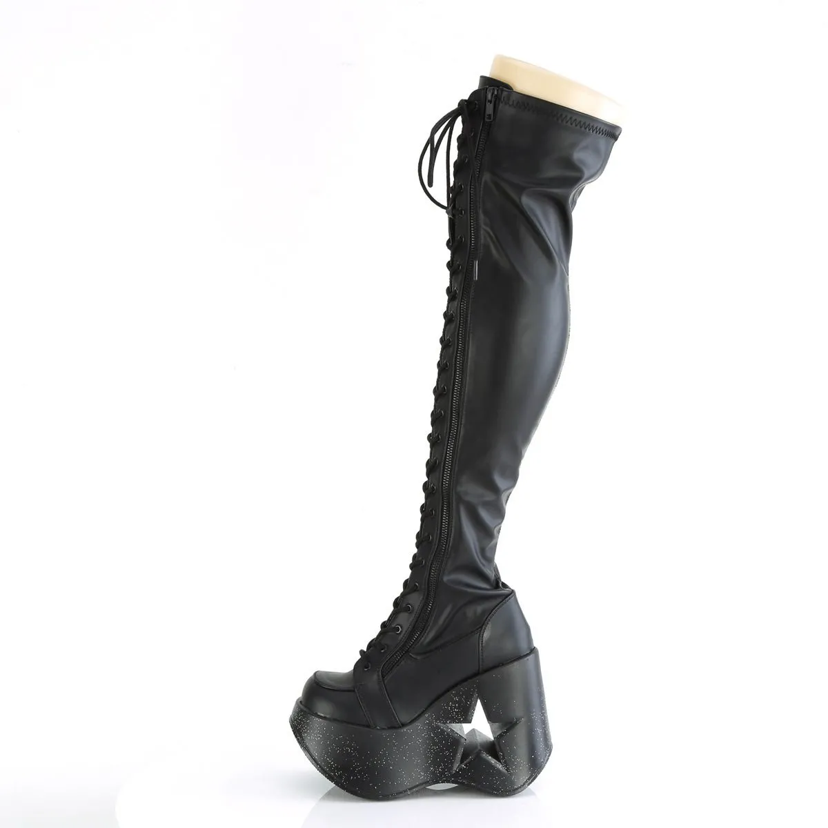 Demonia DYNAMITE-300 | Blk Stretch V. Leather Above Knee Boots