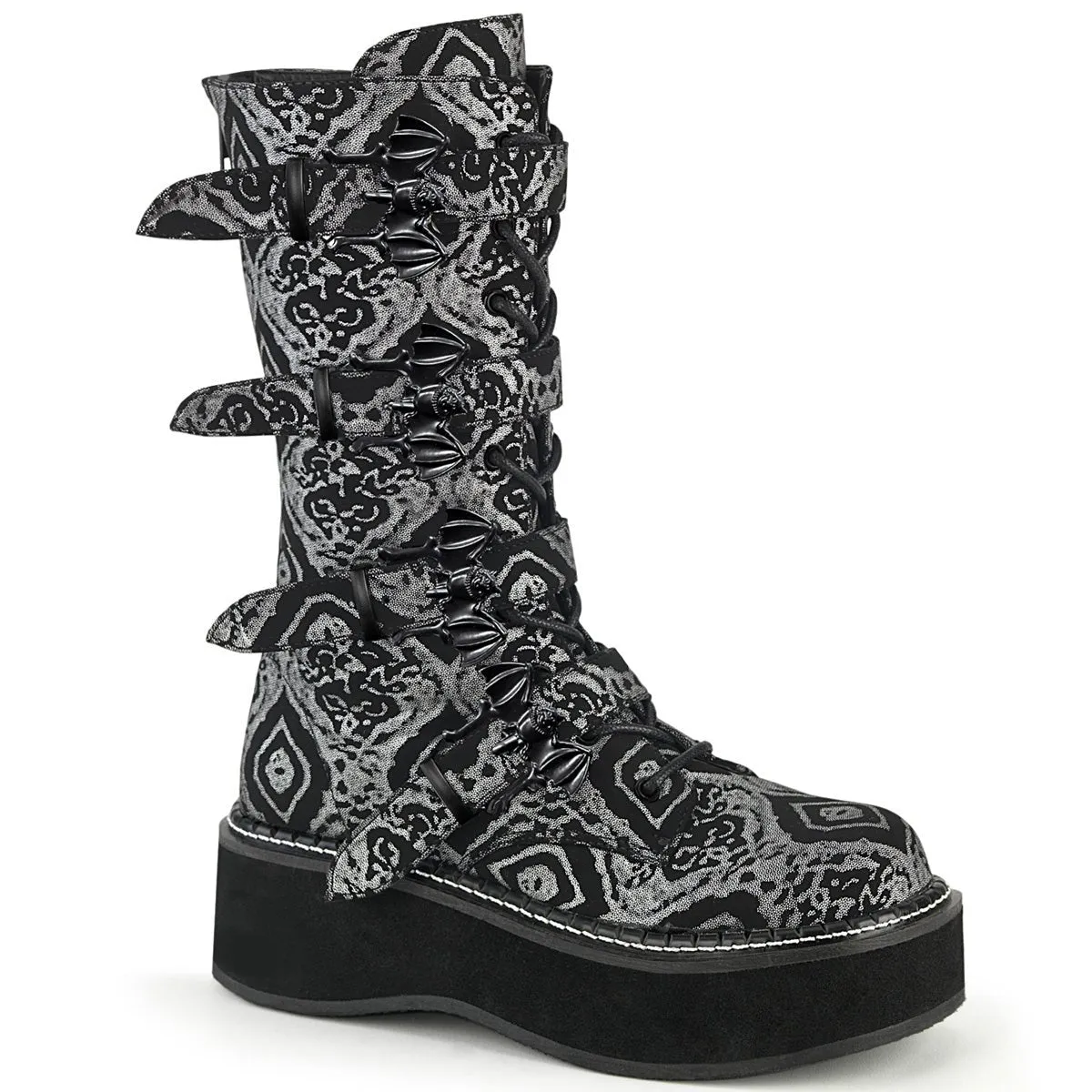 Demonia EMILY-322 | Black & Silver Faux Leather Mid-Calf Boots