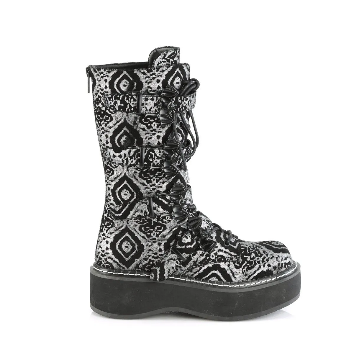 Demonia EMILY-322 | Black & Silver Faux Leather Mid-Calf Boots