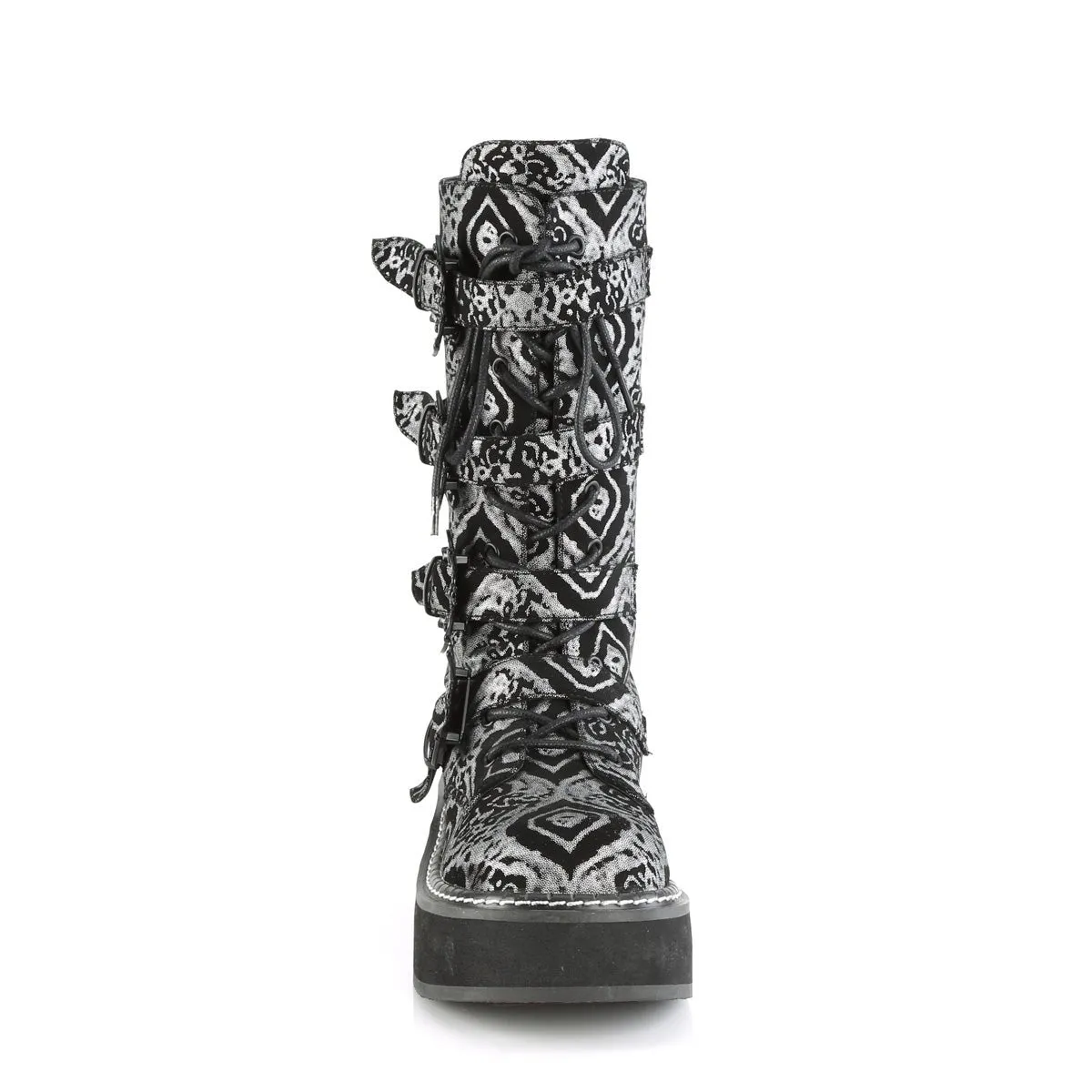 Demonia EMILY-322 | Black & Silver Faux Leather Mid-Calf Boots