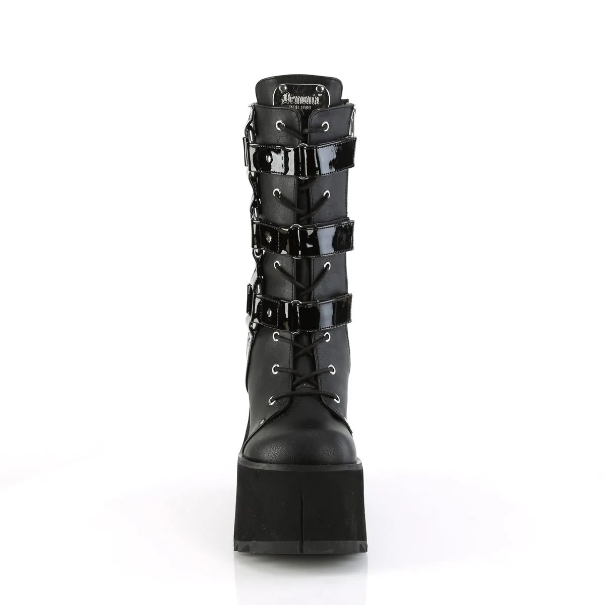 Demonia KERA-110 | Black Vegan & Patent Leather Mid-Calf Boots