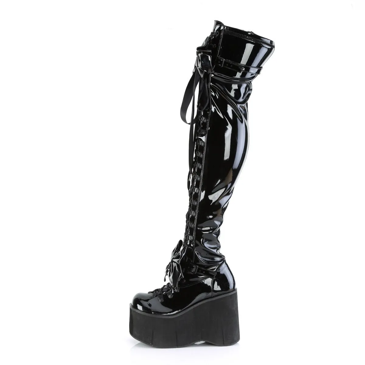 Demonia KERA-303 | Black Stretch Patent Leather Above Knee Boots