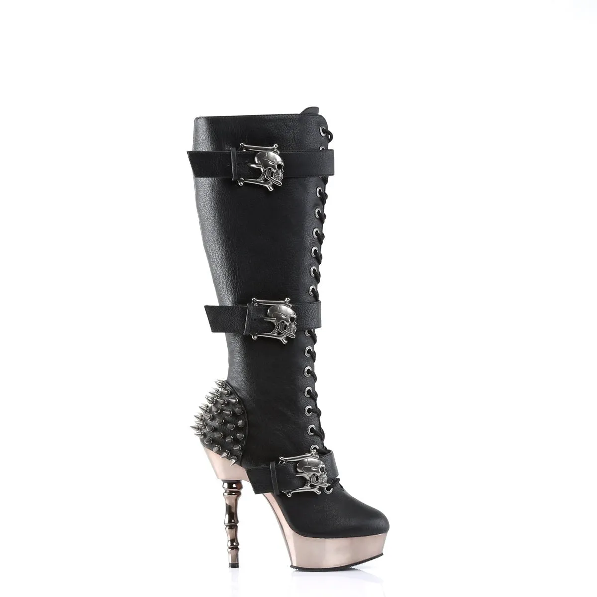 Demonia MUERTO-2028 | Black V. Leather & Chrome Knee High Boots