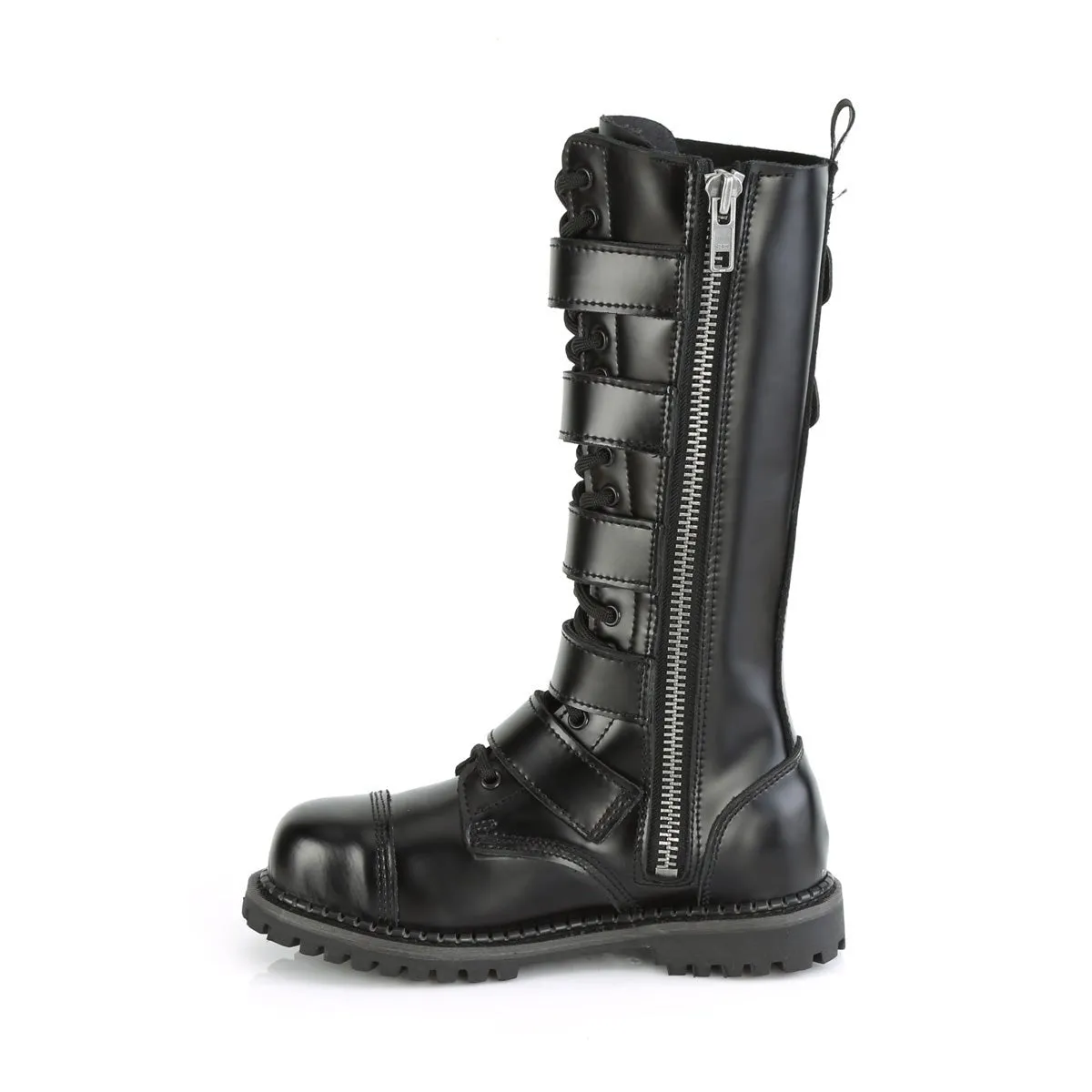 Demonia RIOT-18BK | Black Leather Combat Boots