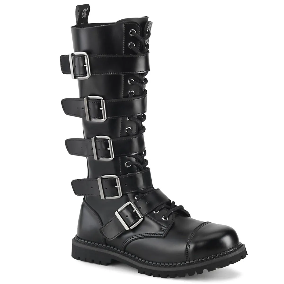 Demonia RIOT-18BK | Black Leather Combat Boots