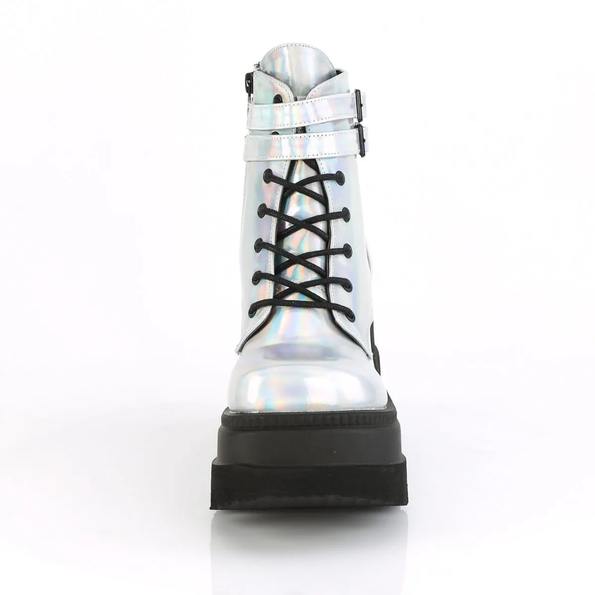 Demonia SHAKER-52 | Silver Holographic Vegan Leather Ankle Boots