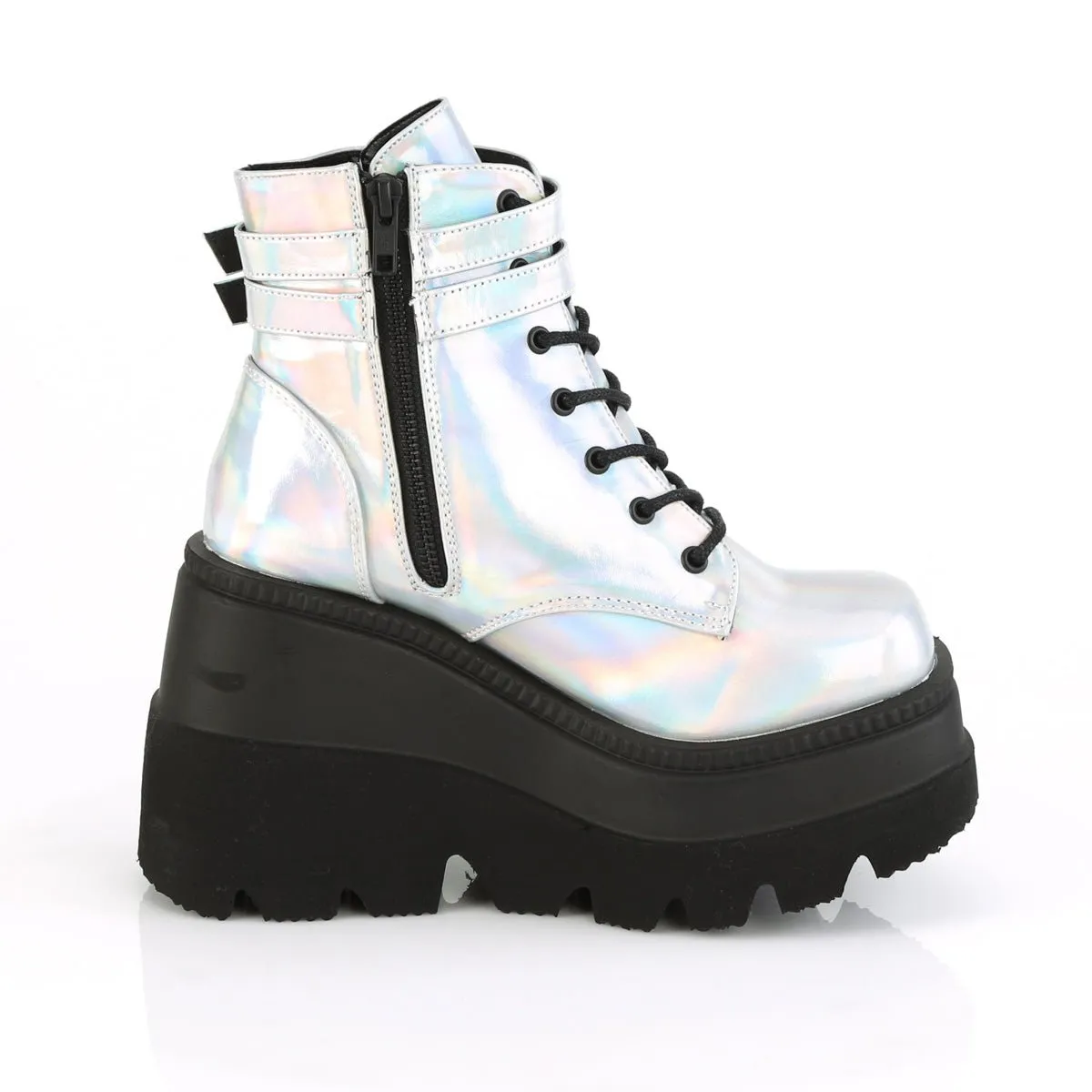 Demonia SHAKER-52 | Silver Holographic Vegan Leather Ankle Boots