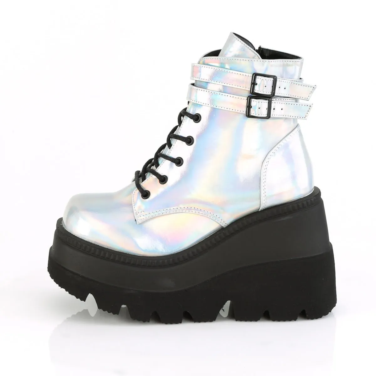 Demonia SHAKER-52 | Silver Holographic Vegan Leather Ankle Boots