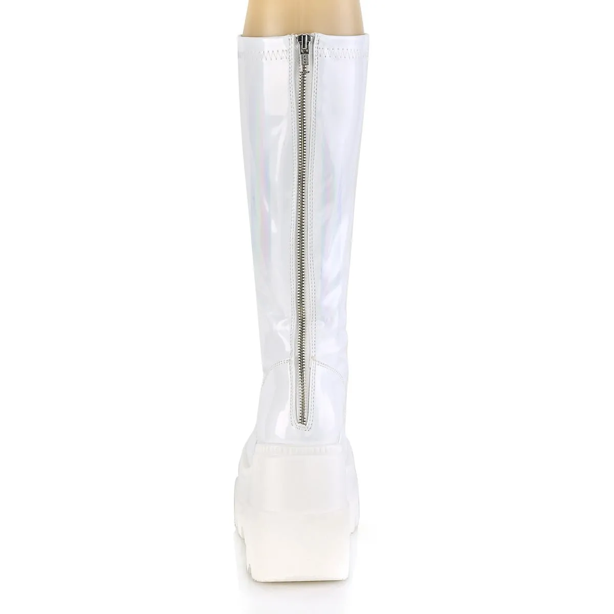 Demonia SHAKER-65 | White Hologram Knee High Boots