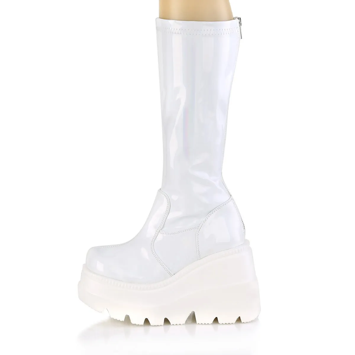 Demonia SHAKER-65 | White Hologram Knee High Boots