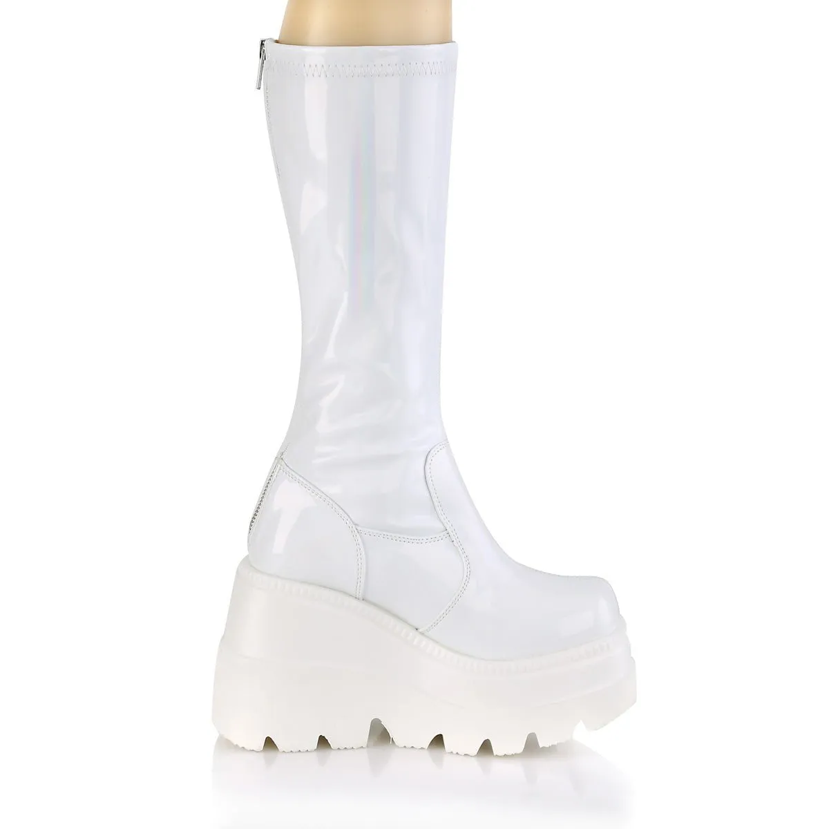 Demonia SHAKER-65 | White Hologram Knee High Boots