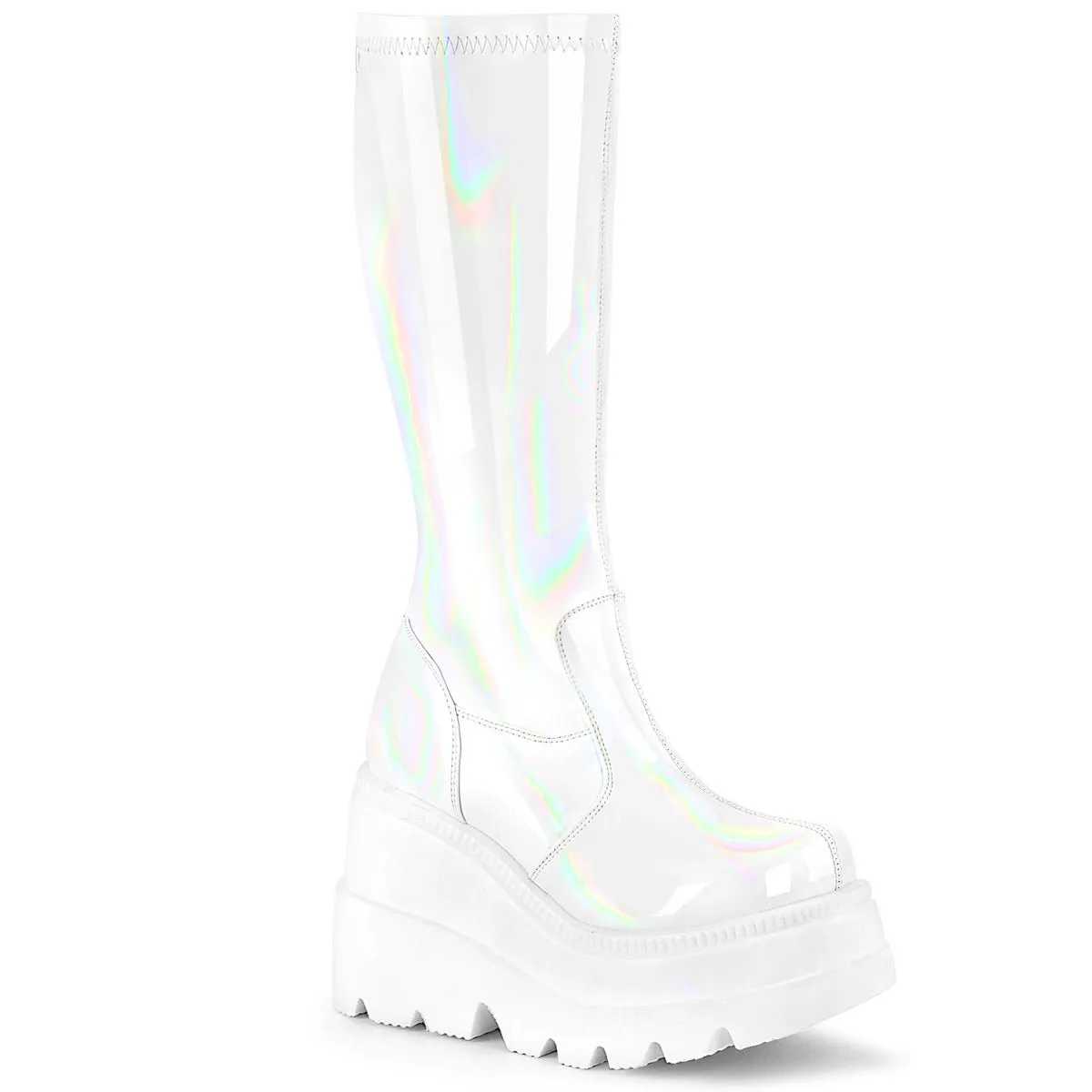 Demonia SHAKER-65 | White Hologram Knee High Boots