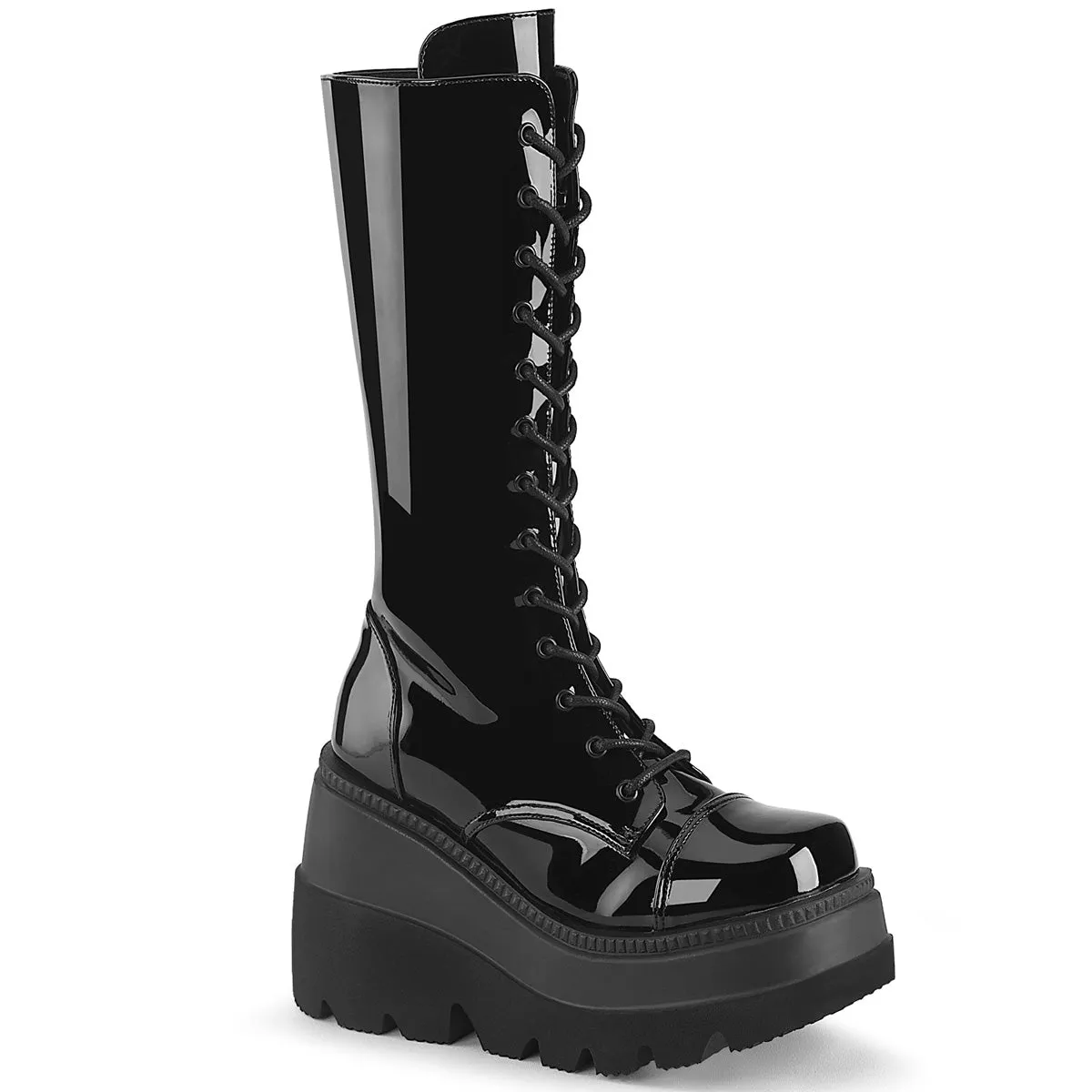 Demonia SHAKER-72 | Black Patent Leather Mid-Calf Boots