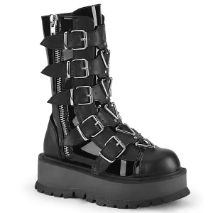 Demonia SLACKER-160 | Black Patent Vegan Leather Mid-Calf Boots