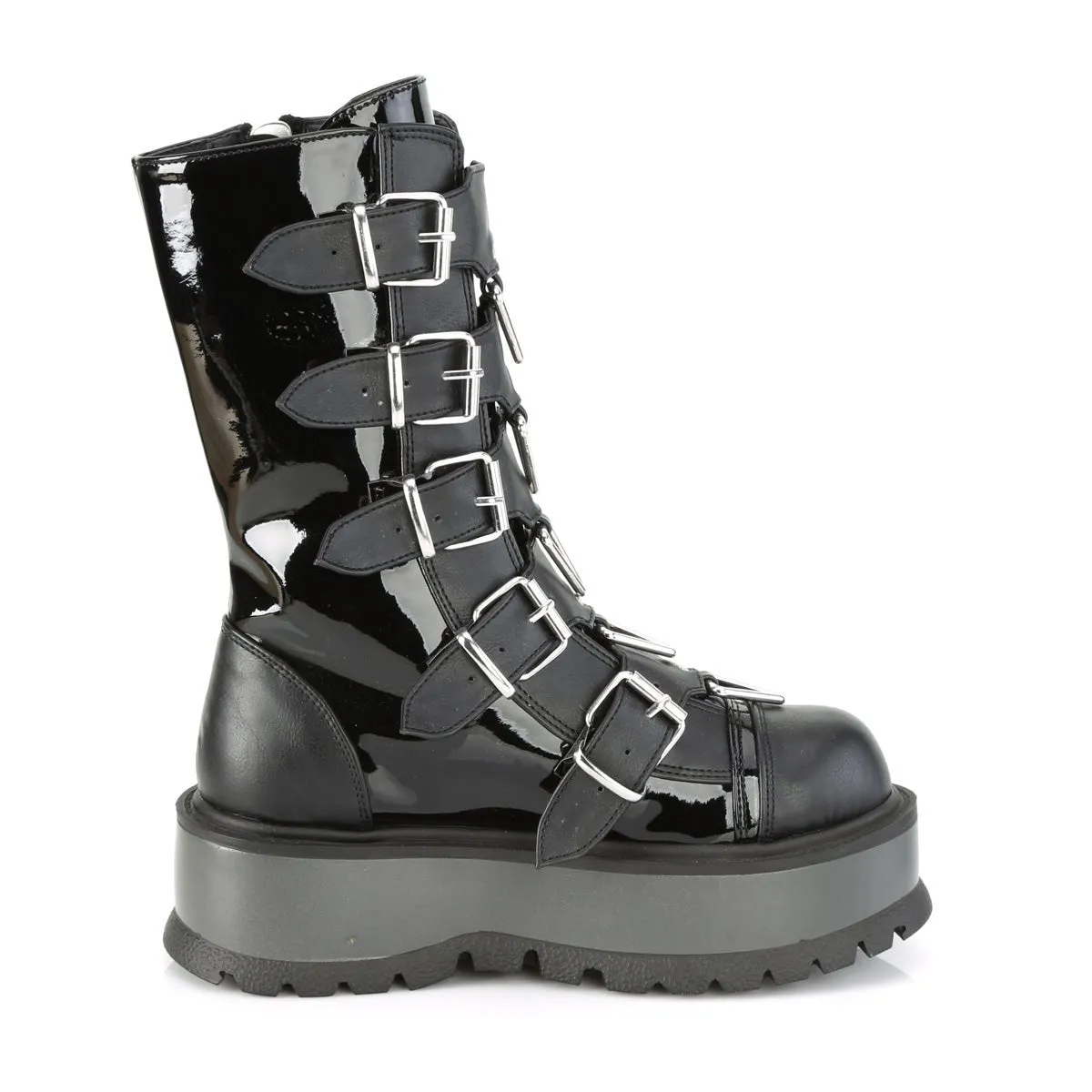 Demonia SLACKER-160 | Black Patent Vegan Leather Mid-Calf Boots