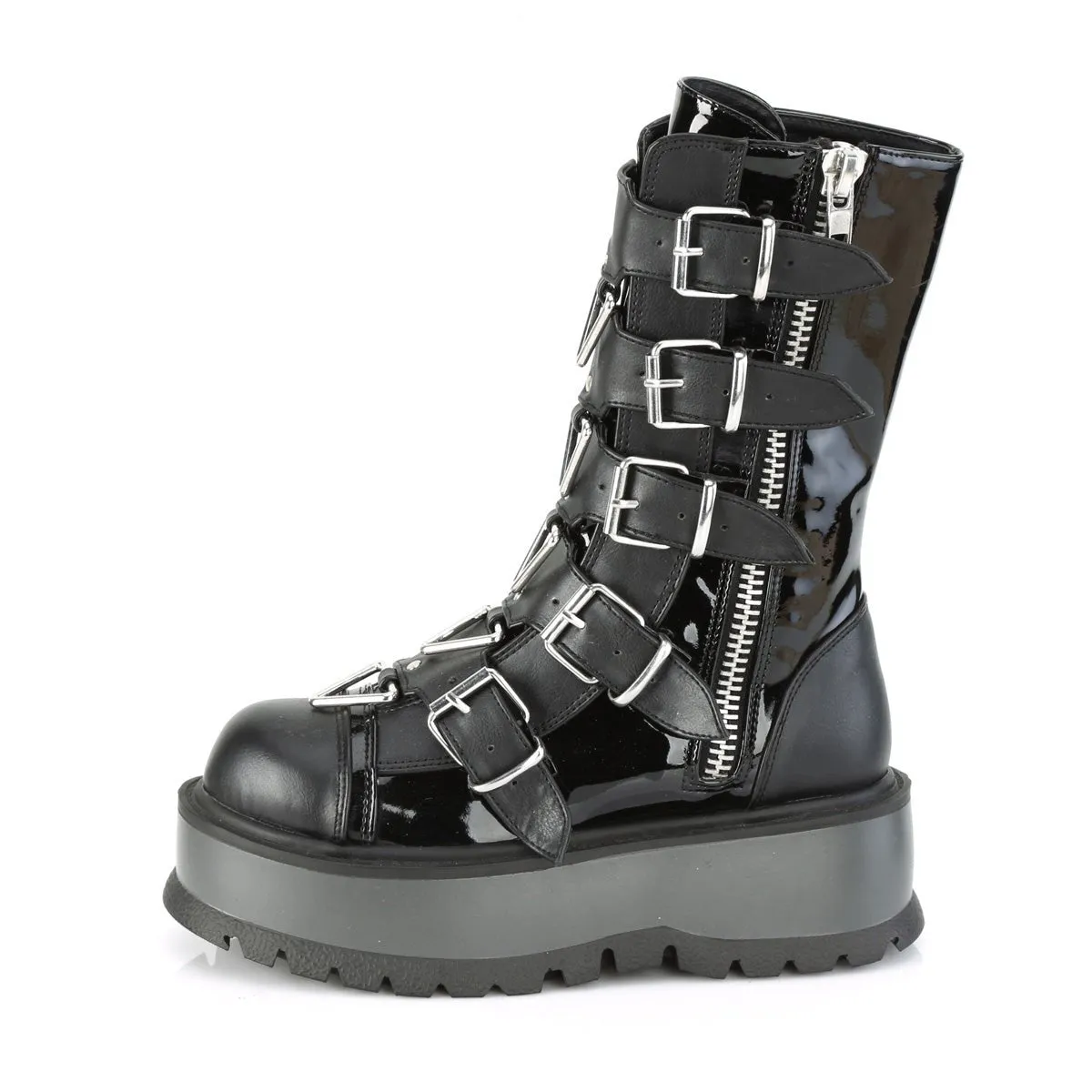 Demonia SLACKER-160 | Black Patent Vegan Leather Mid-Calf Boots