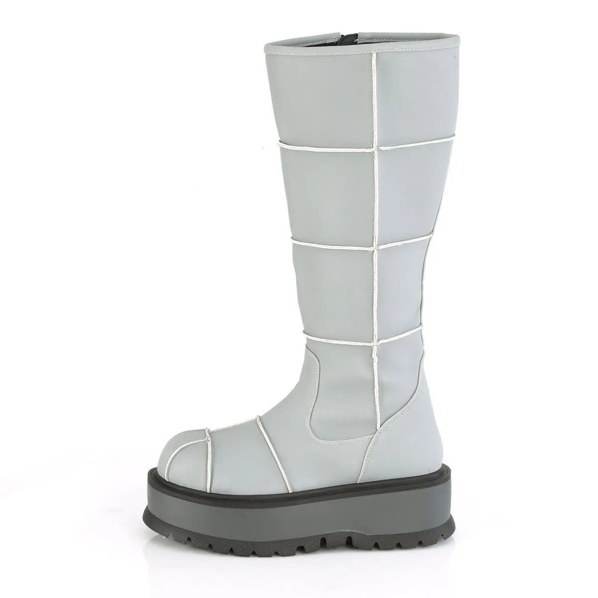 Demonia SLACKER-230 | Grey Reflective V. Leather Knee High Boots