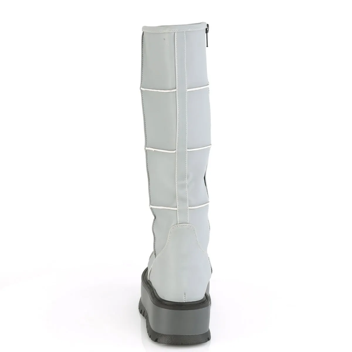 Demonia SLACKER-230 | Grey Reflective V. Leather Knee High Boots