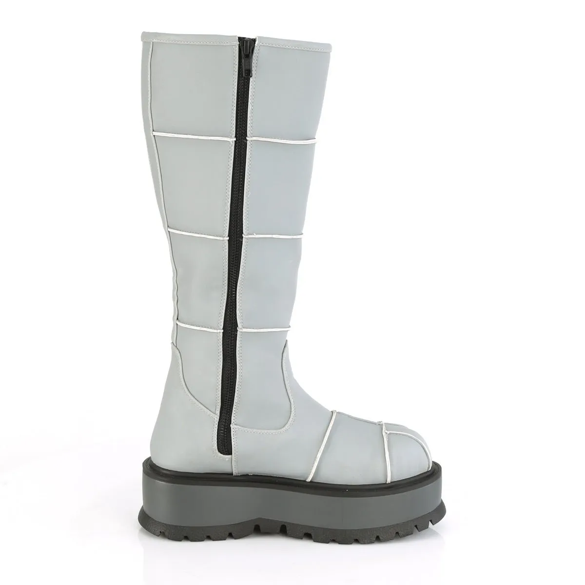 Demonia SLACKER-230 | Grey Reflective V. Leather Knee High Boots