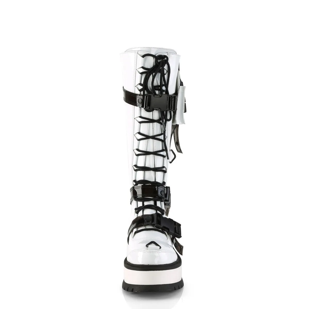 Demonia SLACKER-260 | White Patent Leather Knee High Boots