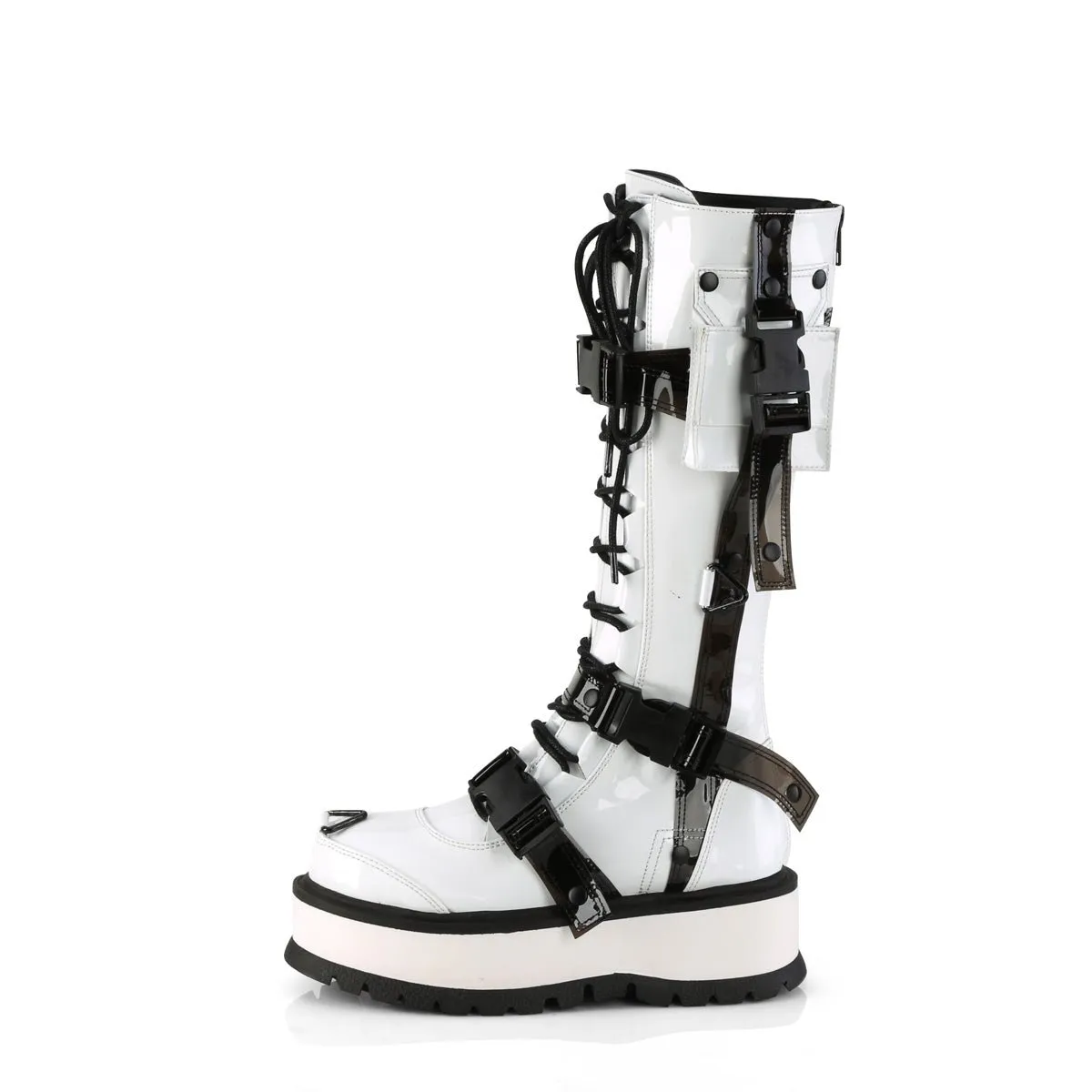 Demonia SLACKER-260 | White Patent Leather Knee High Boots