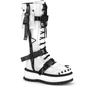 Demonia SLACKER-260 | White Patent Leather Knee High Boots