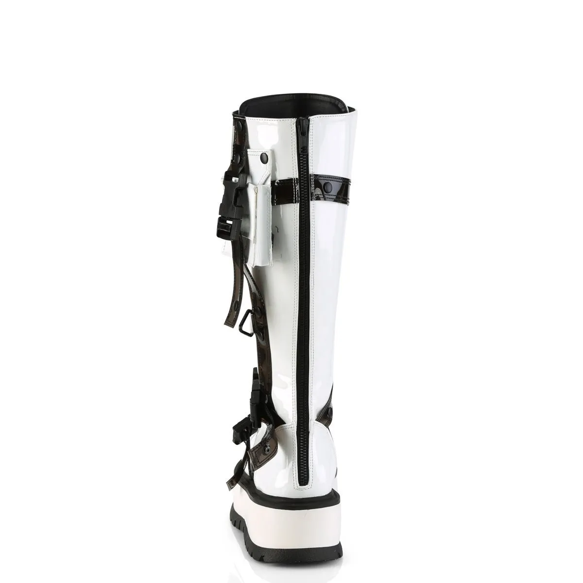 Demonia SLACKER-260 | White Patent Leather Knee High Boots