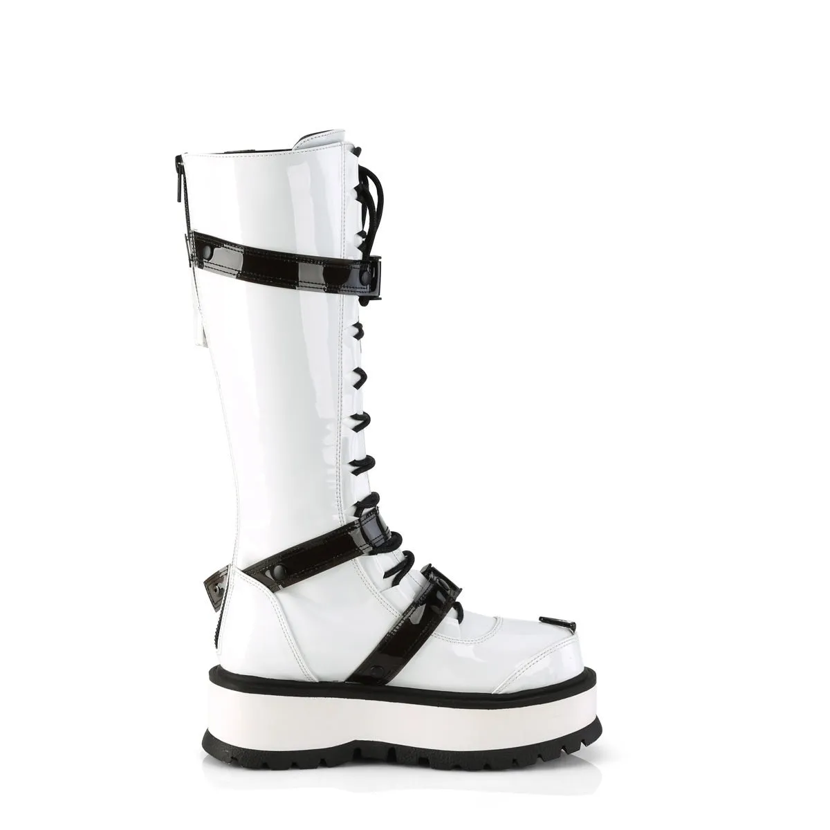 Demonia SLACKER-260 | White Patent Leather Knee High Boots