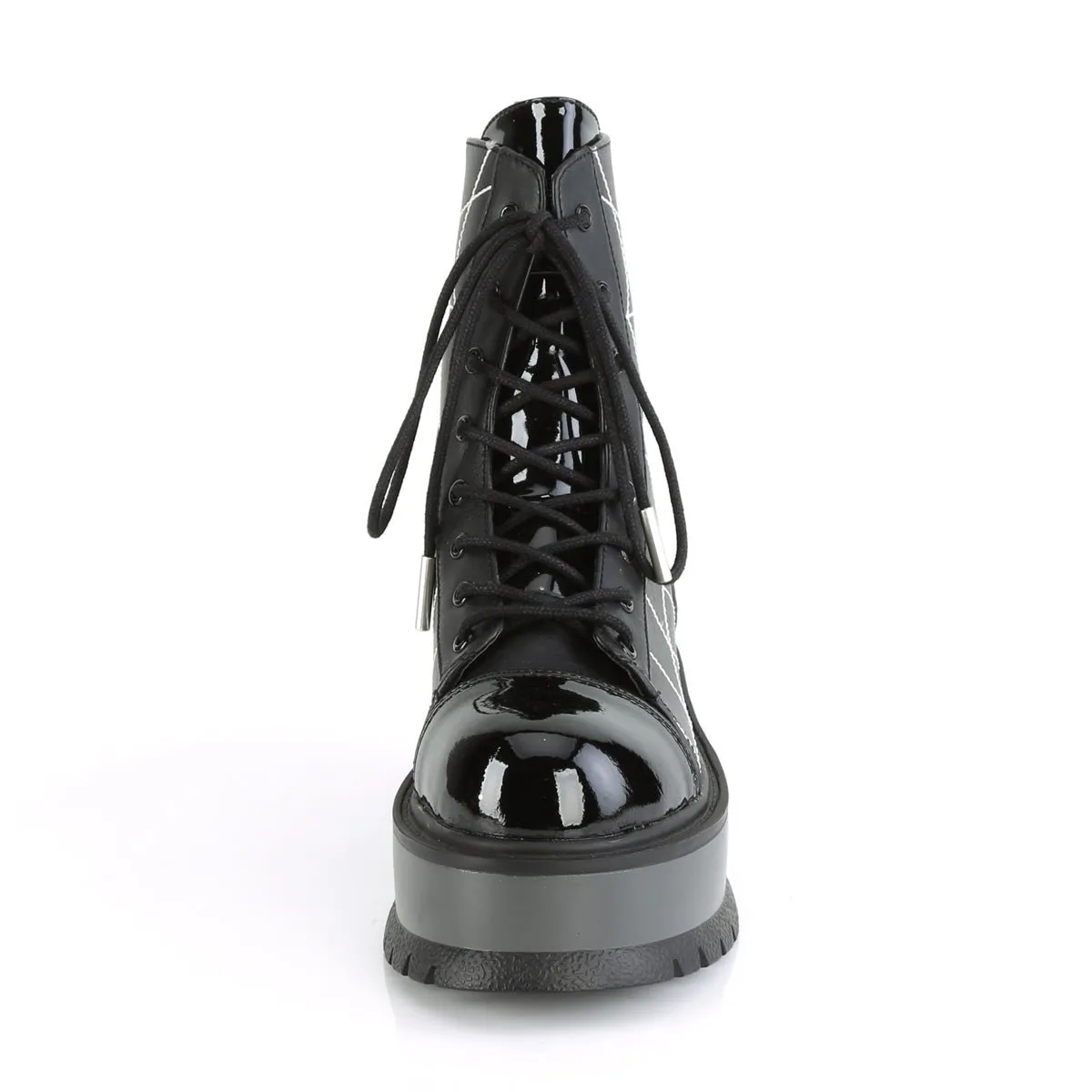 Demonia SLACKER-88 | Black Vegan Leather & Patent Ankle Boots