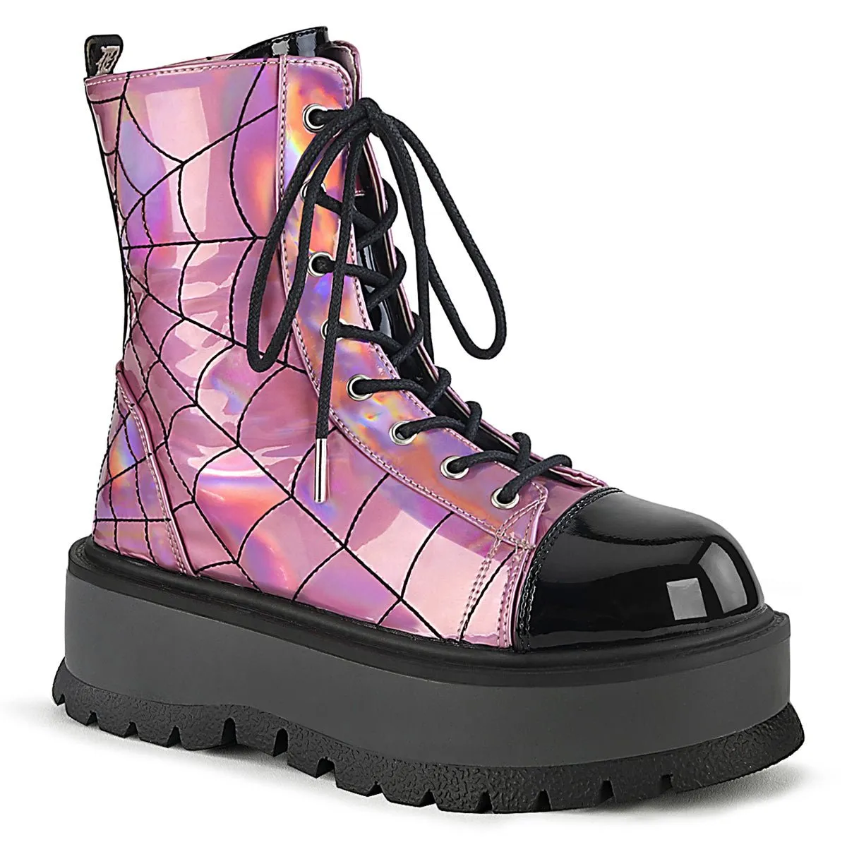 Demonia SLACKER-88 | Pink & Black Hologram & Patent Ankle Boots