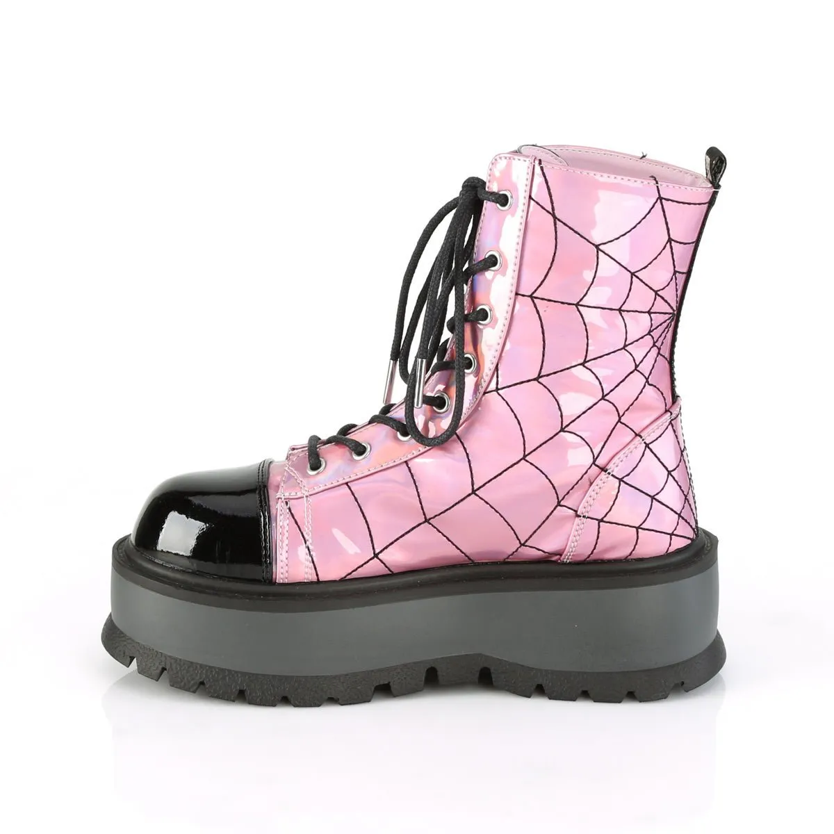 Demonia SLACKER-88 | Pink & Black Hologram & Patent Ankle Boots