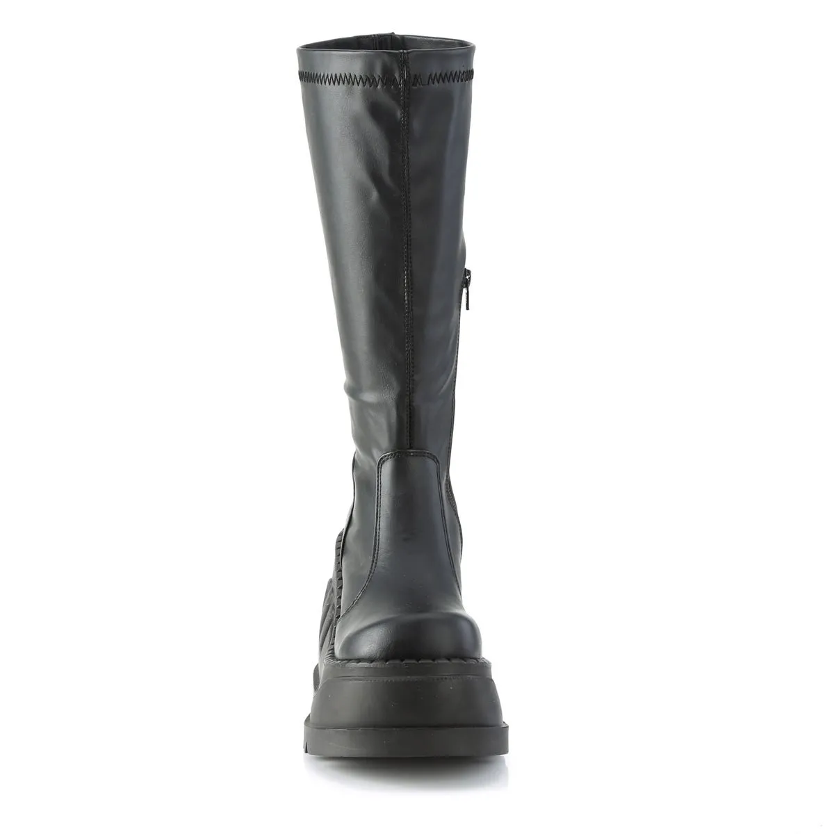 Demonia STOMP-200 | Black Stretch Vegan Leather Knee High Boots