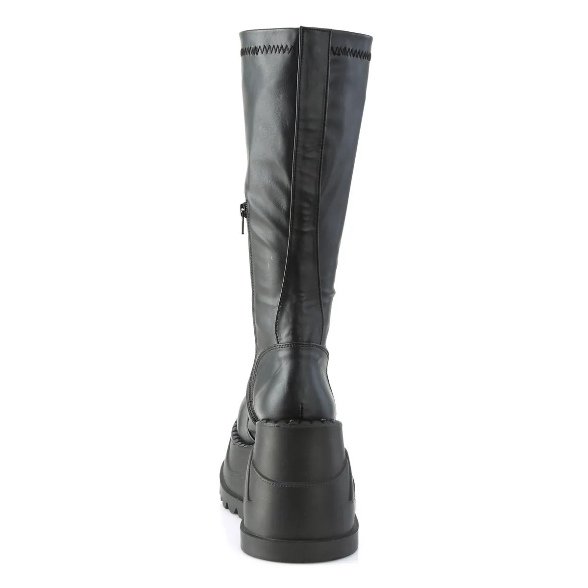 Demonia STOMP-200 | Black Stretch Vegan Leather Knee High Boots