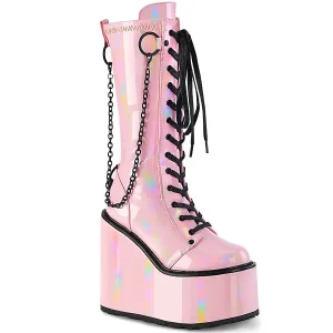 Demonia SWING-150 | Pink Hologram Stretch Patent Knee High Boots