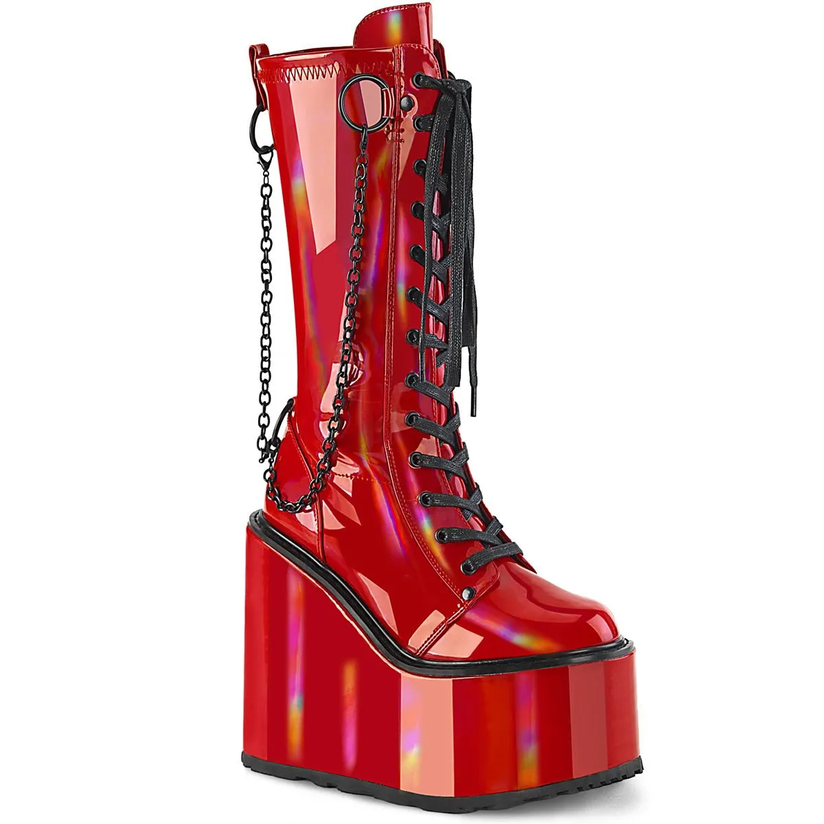 Demonia SWING-150 | Red Holo Stretch Pat. Leather Knee High Boot