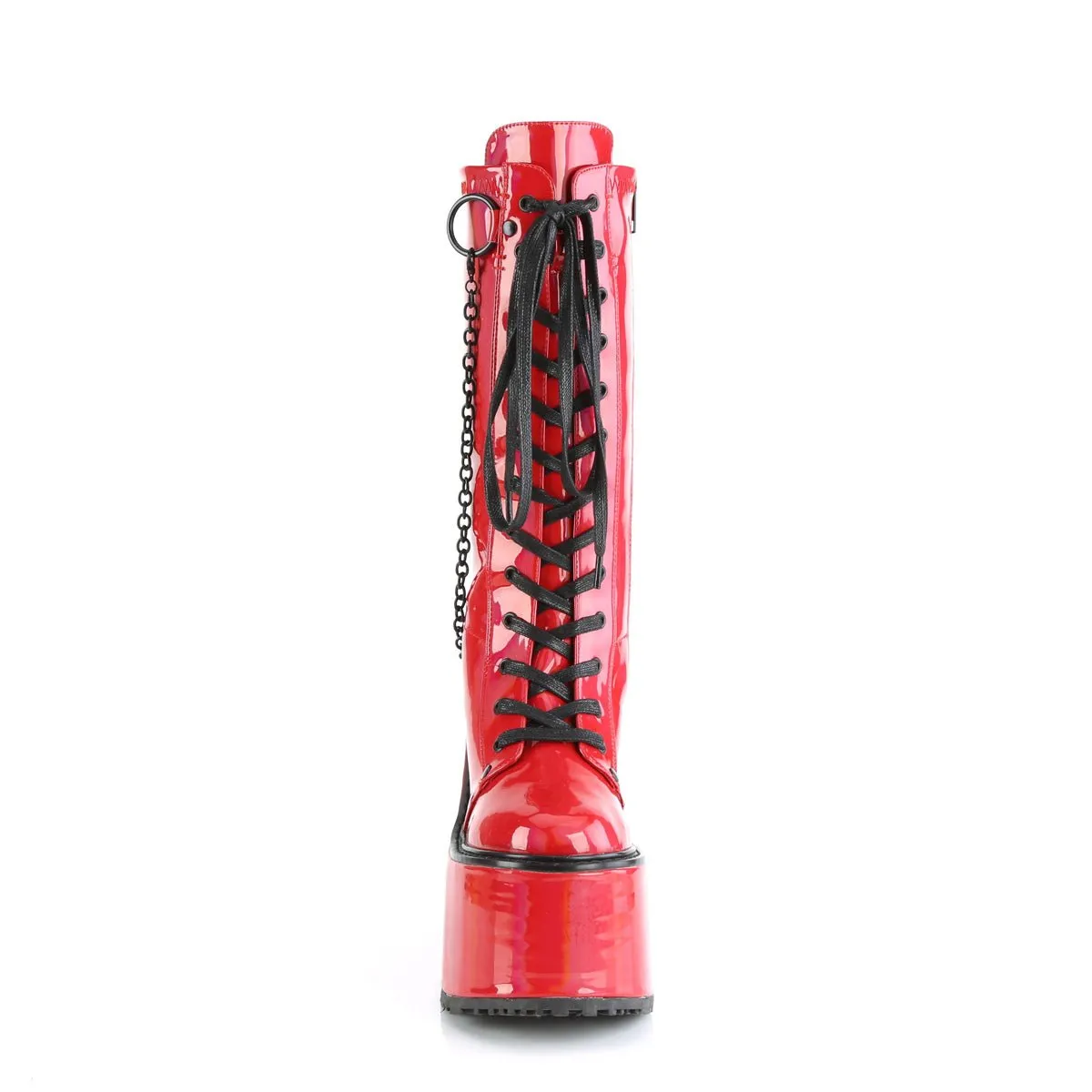 Demonia SWING-150 | Red Holo Stretch Pat. Leather Knee High Boot