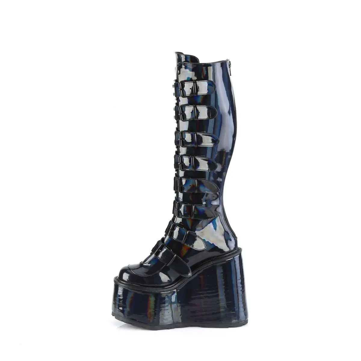 Demonia SWING-815 | Black Holo Patent Leather Knee High Boots