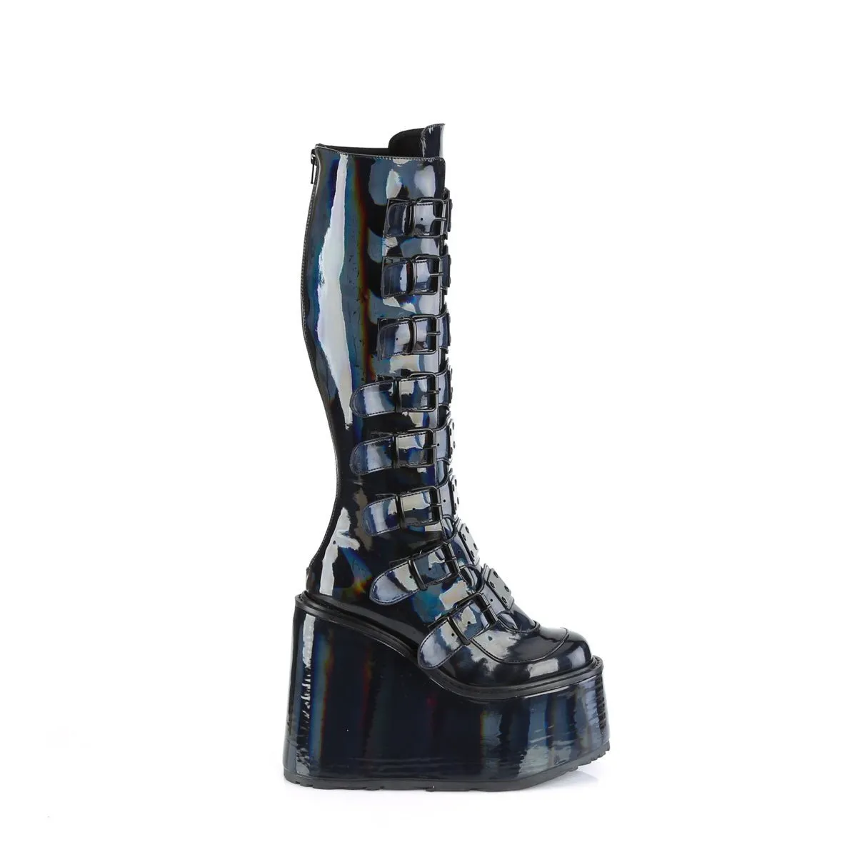 Demonia SWING-815 | Black Holo Patent Leather Knee High Boots