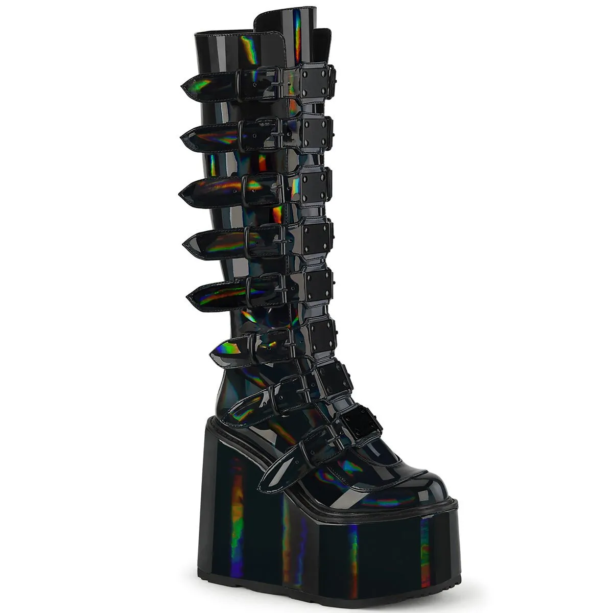 Demonia SWING-815 | Black Holo Patent Leather Knee High Boots