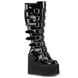 Demonia SWING-815WC | Black Patent Leather Knee High Boots