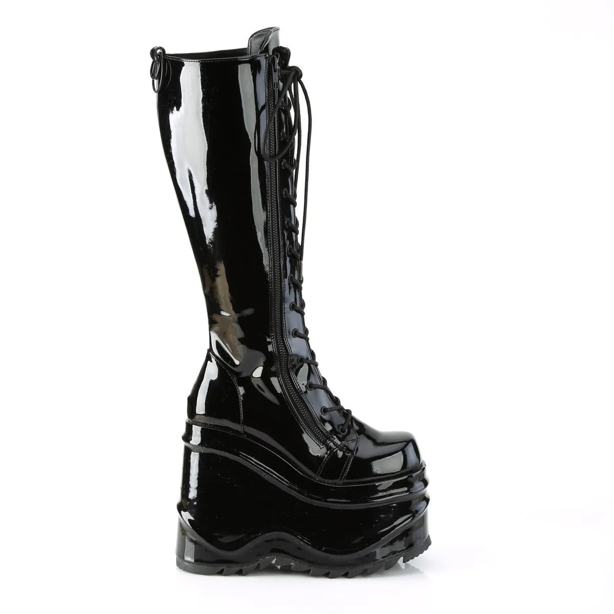 Demonia WAVE-200 | Black Patent Leather Knee High Boots