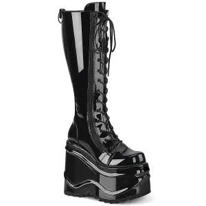 Demonia WAVE-200 | Black Patent Leather Knee High Boots