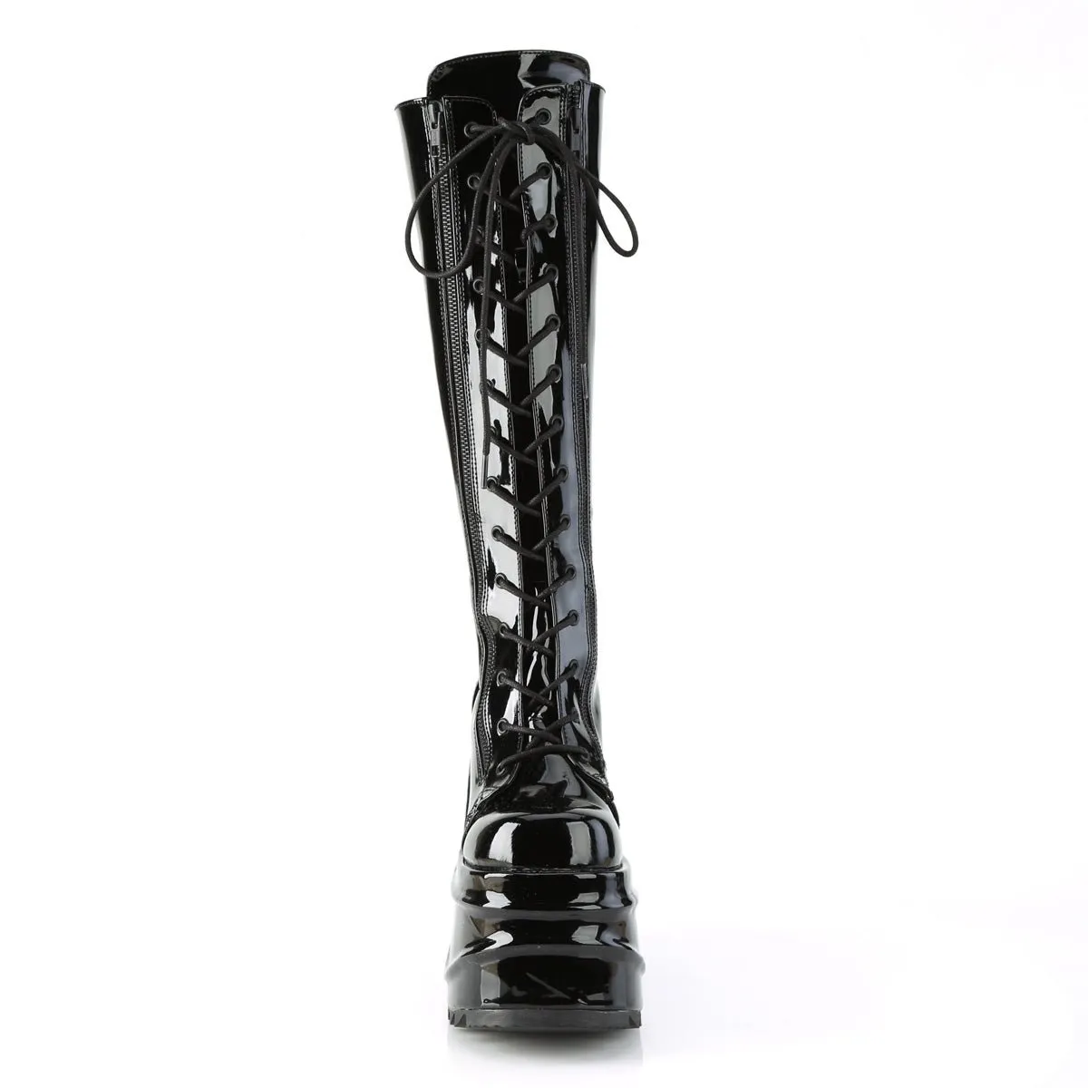 Demonia WAVE-200 | Black Patent Leather Knee High Boots