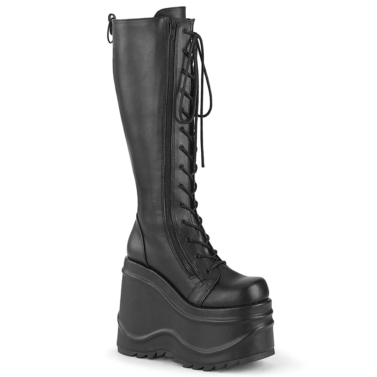 Demonia WAVE-200 | Black Vegan Leather Knee High Boots