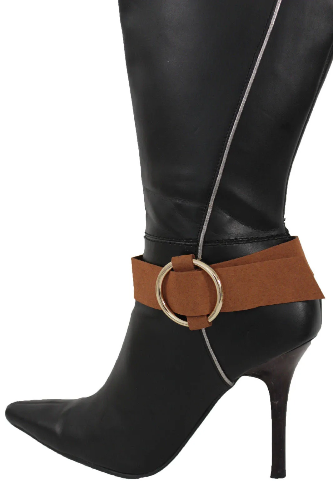 Faux Leather Fabric Strap Shoe Bling Gold Ring Buckle Hot Sexy Boot Bracelet