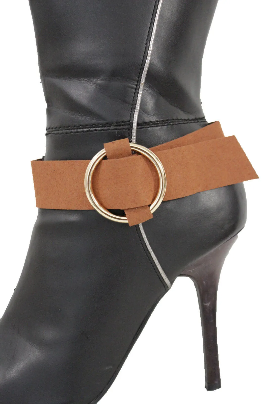 Faux Leather Fabric Strap Shoe Bling Gold Ring Buckle Hot Sexy Boot Bracelet