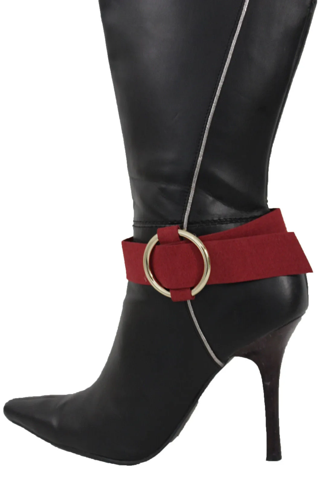 Faux Leather Fabric Strap Shoe Bling Gold Ring Buckle Hot Sexy Boot Bracelet